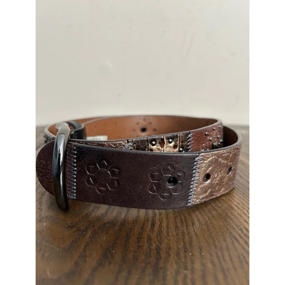 Vintage Fossil Womens Large Brown Leather Patchwork‎ Studded Floral Belt